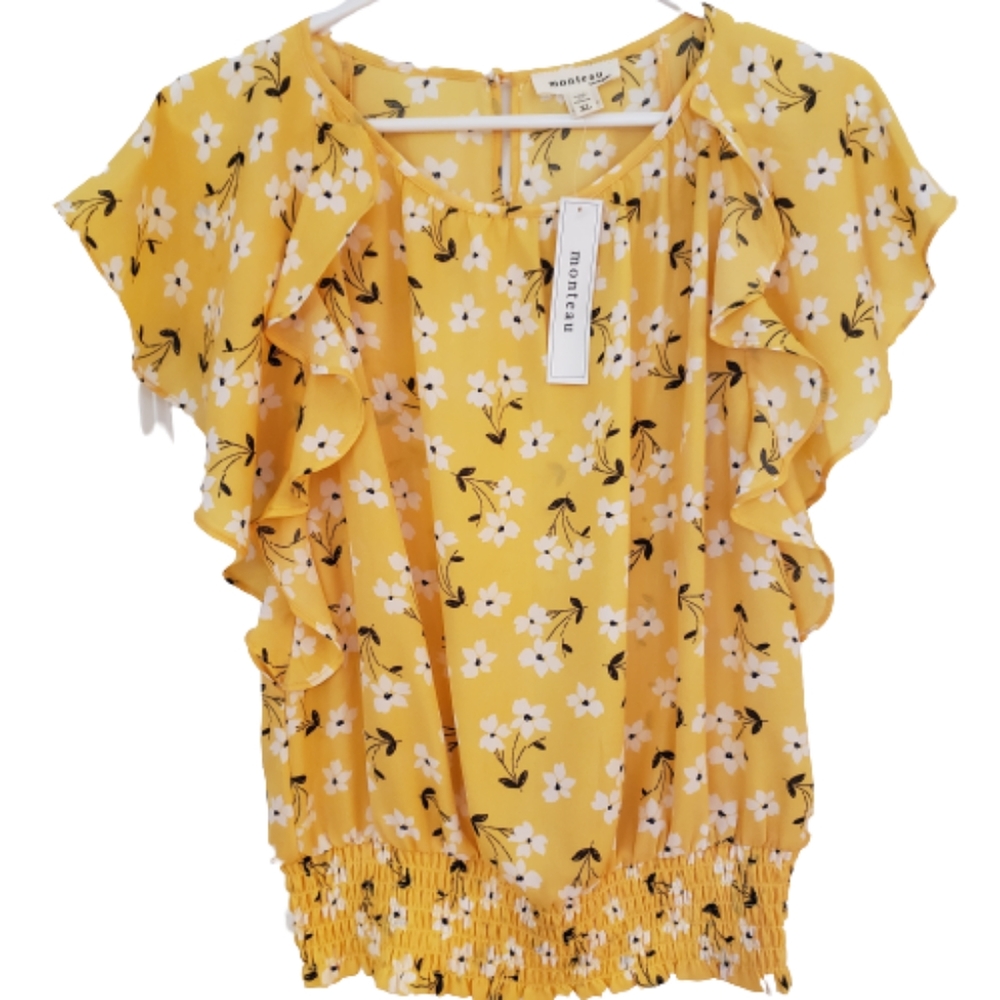 Monteau yellow flowered shirt, Juniors size XL